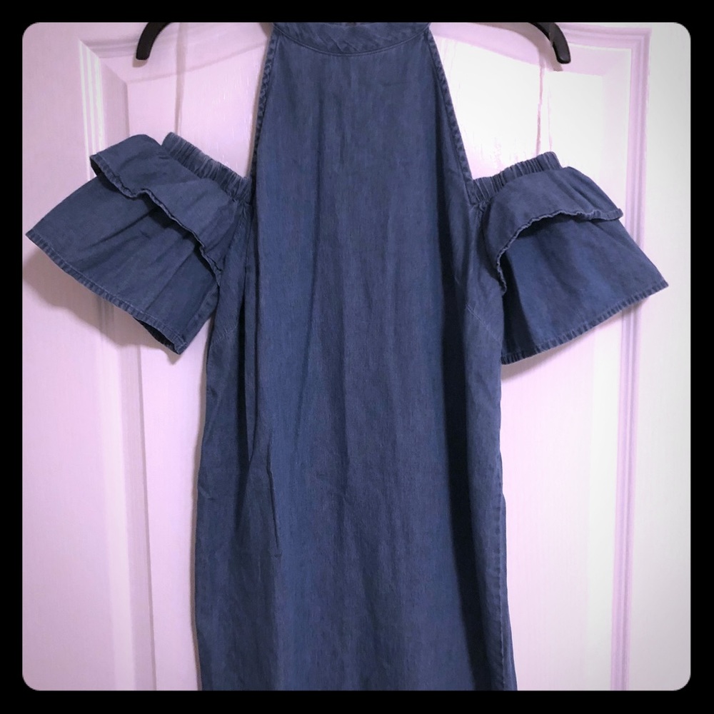 High neck cold shoulder denim dress.